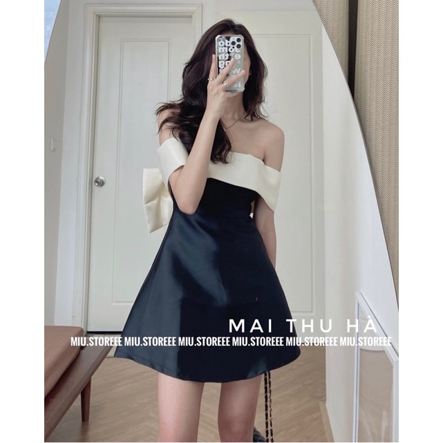 [ẢNH THẬT] VÁY ĐẦM ĐEN TRỄ VAI PHỐI NƠ BE KEM XINHH ĐI TIỆC | BigBuy360 - bigbuy360.vn