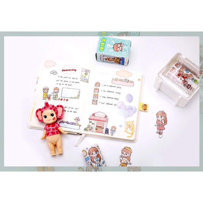 Cuộn băng keo washi masking tape bản to hoạt hình dán dễ thương trang trí