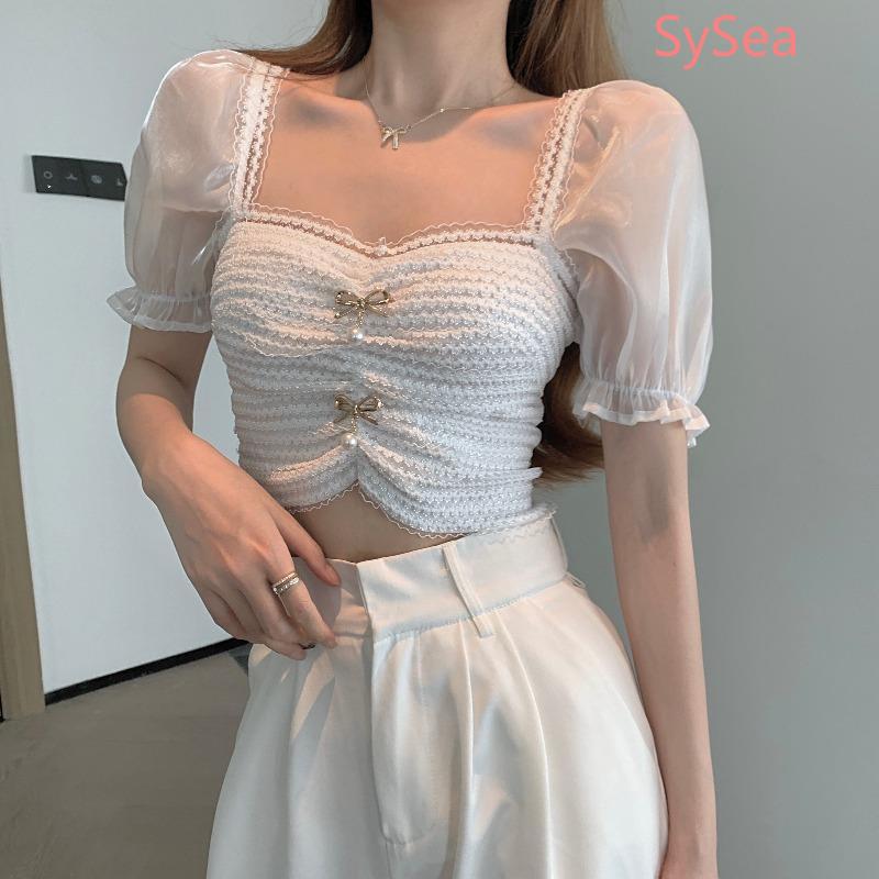 Áo Croptop Tay Ngắn Phối Ren Thời Trang Mùa Hè Cho Nữ
