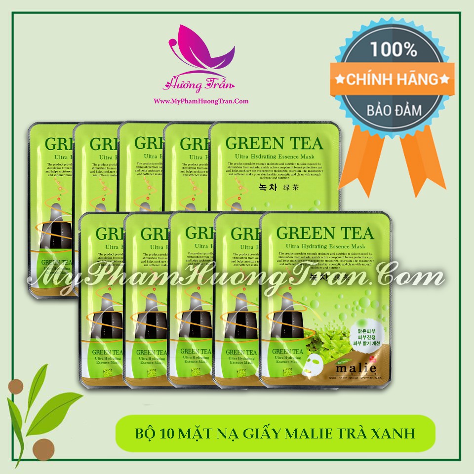 Bộ 10 Mặt Nạ Giấy Green Tea (Trà Xanh) Malie Ultra Hydrating Essence Mask - Chính Hãng Hàn Quốc