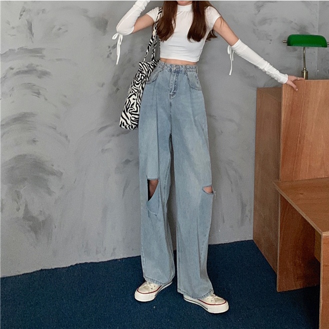 Porozi  Quần Jeans Nữ Lưng Cao Ống Rộng Rách Gối Thời Trang Hàn Quốc