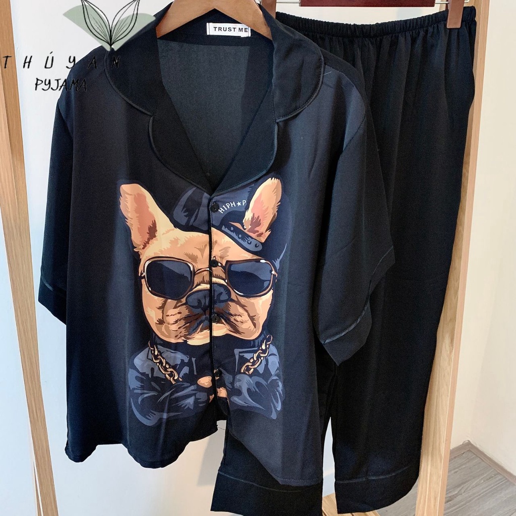 Bộ Pijama nữ bigsize chó Pitbull vàng cộc dài chất lụa Mango ko nhăn dành cho nữ, mẹ bầu 60 - 90kg