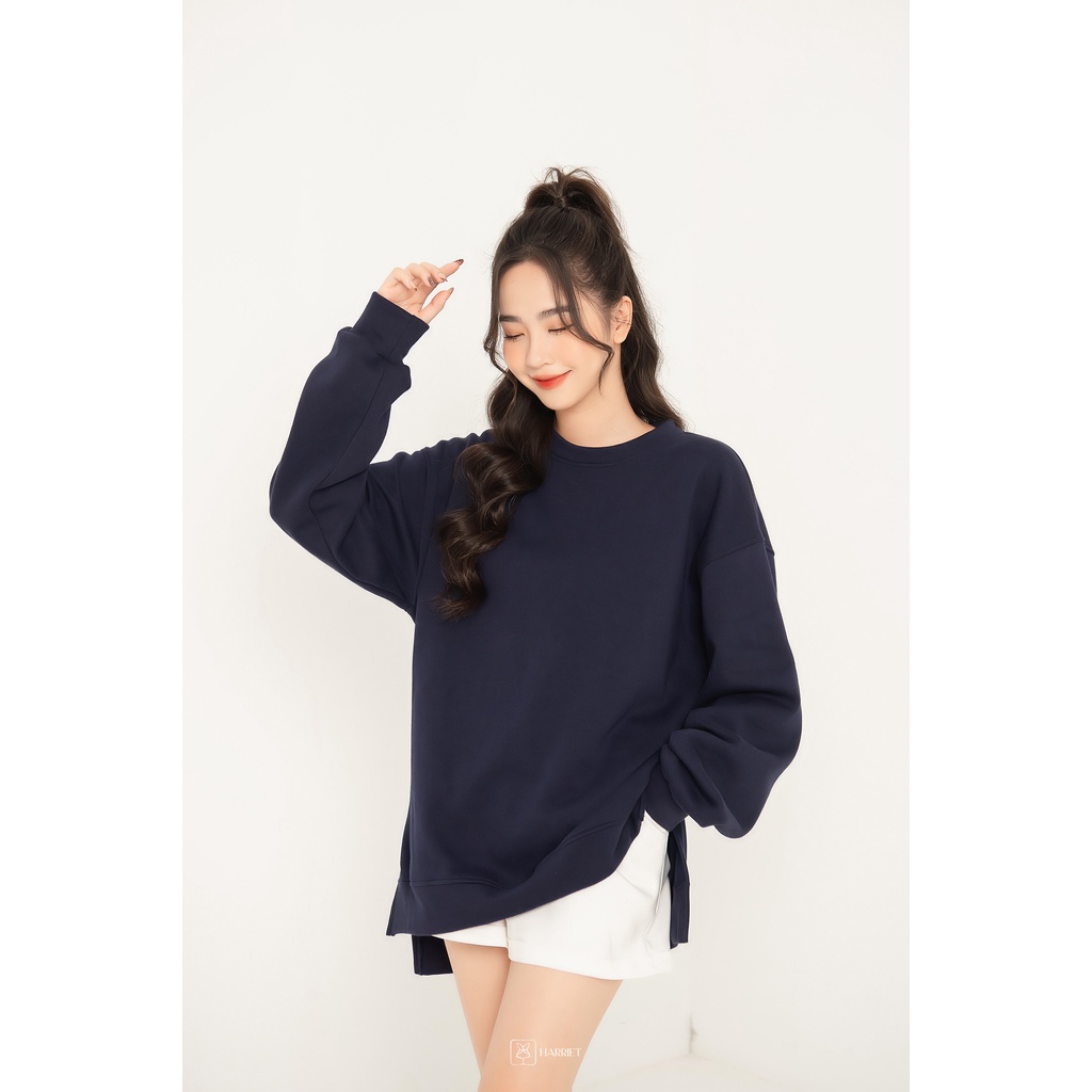 Áo sweater nỉ cổ tròn freesize dáng rộng xẻ vạt thời trang Cody Harriet