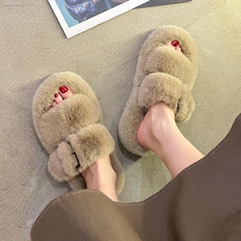 Dép cotton phối lông thỏ thật thời trang xuân thu mới 2022 cho nữ