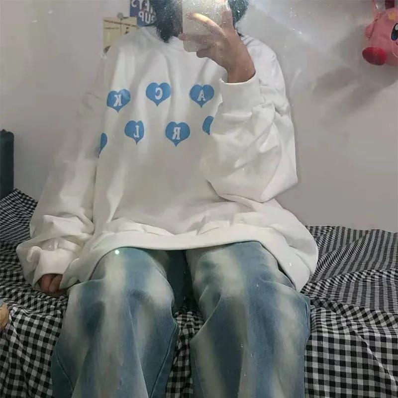 Áo sweater chui đầu cổ tròn tay dài dáng rộng in hình trái tim thời trang Hàn Quốc cho nữ 2021