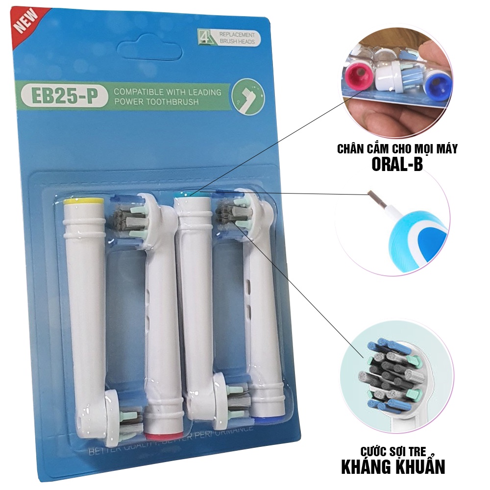 Cho máy Oral B, Set 4 đầu bàn chải than sợi tre kháng khuẩn EB18-P, EB20-P, EB25-P Minh House