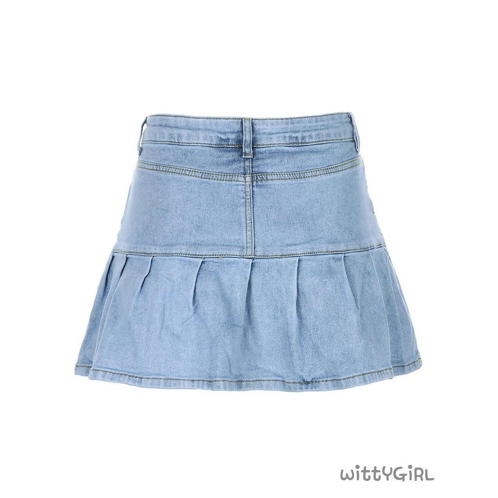 Phụ nữ thời trang Pocket Solid Color Váy Ladies tạo thời trang Denim Skirt