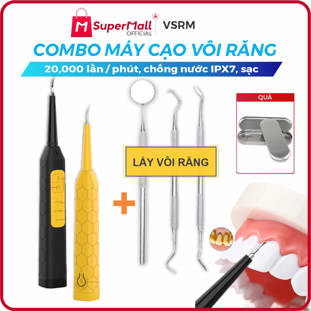 COMBO Máy cạo vôi răng tại nhà siêu âm tiện lợi 20.000 hz, sử dụng tại nhà, chống nước IPX6, pin sạc