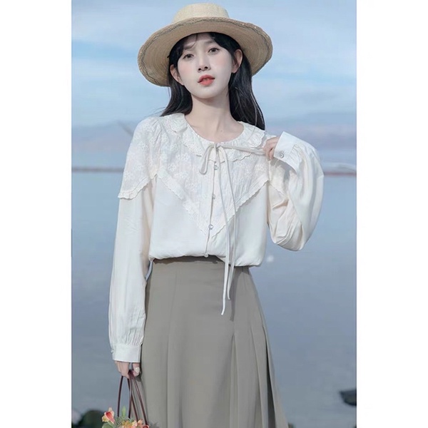 Sơmi thêu hoa nổi phối cổ ren - kèm ảnh thật