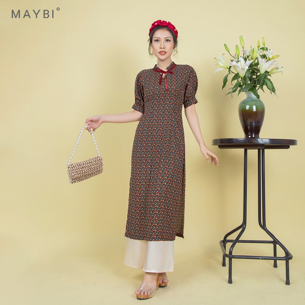 Áo dài Maybi hoạ tiết nền đen phối nơ cổ