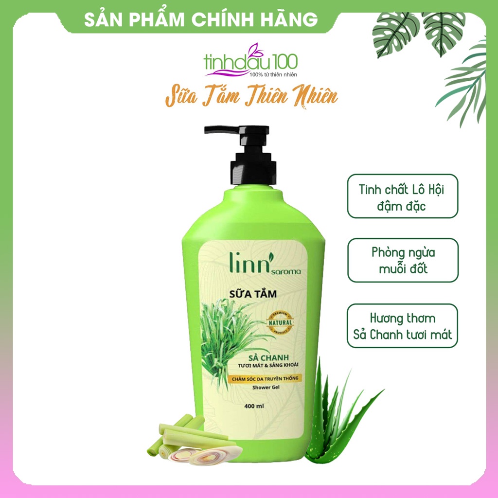 Sữa tắm Linn Saroma Hoa hồng, Oải hương, Sả chanh dưỡng ẩm, sáng da, hương thơm thư giãn chai 400ml Tinh Dầu 100 Shop