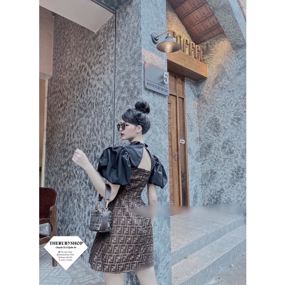 Đầm tay phồng hoạ tiết gu chì và fenđì