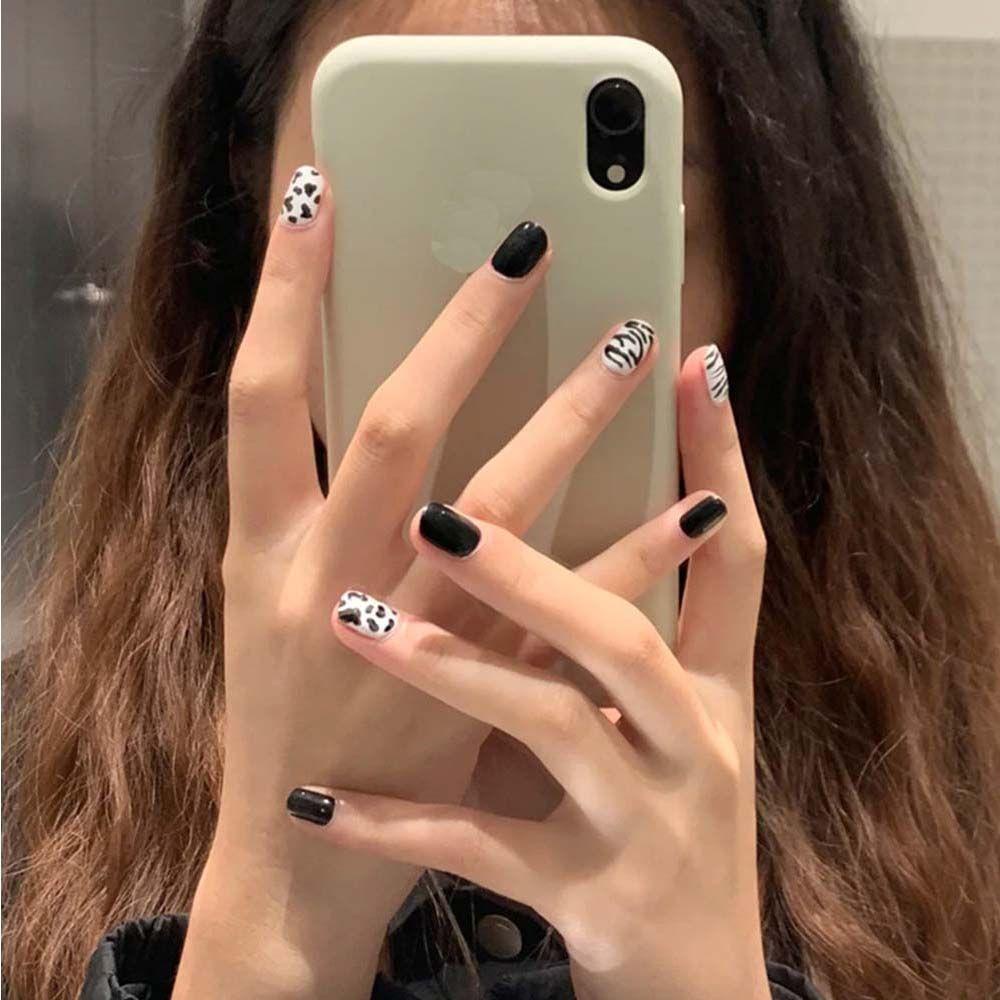 Bộ Móng Tay Giả Ngắn Dạng Nhấn Họa Tiết Da Báo Trái Tim Che Phủ Toàn Diện