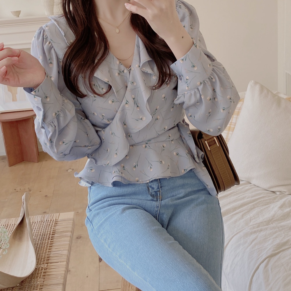 Áo sơ mi voan họa tiết hoa cột dây phối bèo nhún