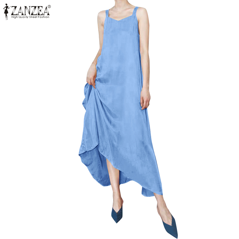 Đầm Dài ZANZEA Dáng Rộng Không Tay Cổ Chữ V Vải Cotton Màu Trơn Cho Nữ