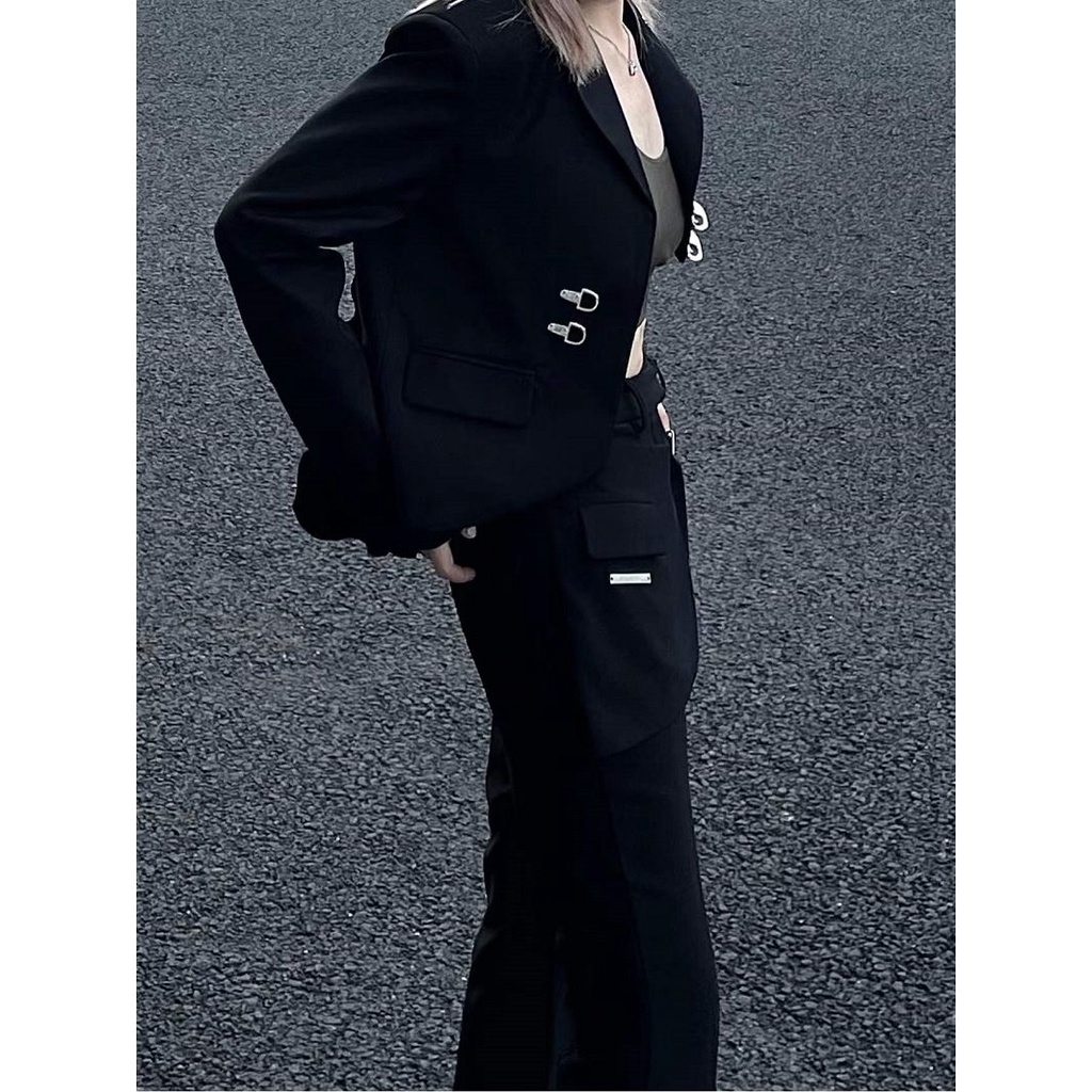 Hot!F &amp; X Bán Chạy Áo Khoác Vest Ngắn Vai Có Nút Cài Kim Loại Thiết Kế Kiểu Bất Đối Xứng Thời Trang 2022 Dễ Phối Đồ Cho Nữ