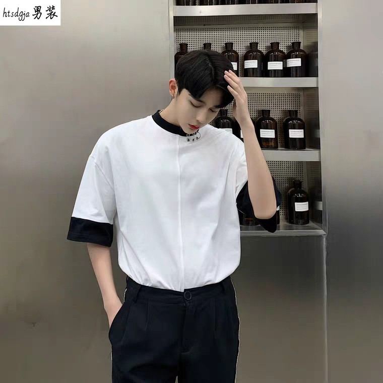 Áo thun nam tay lỡ form rộng phối khoen cổ phong cách ulzzag