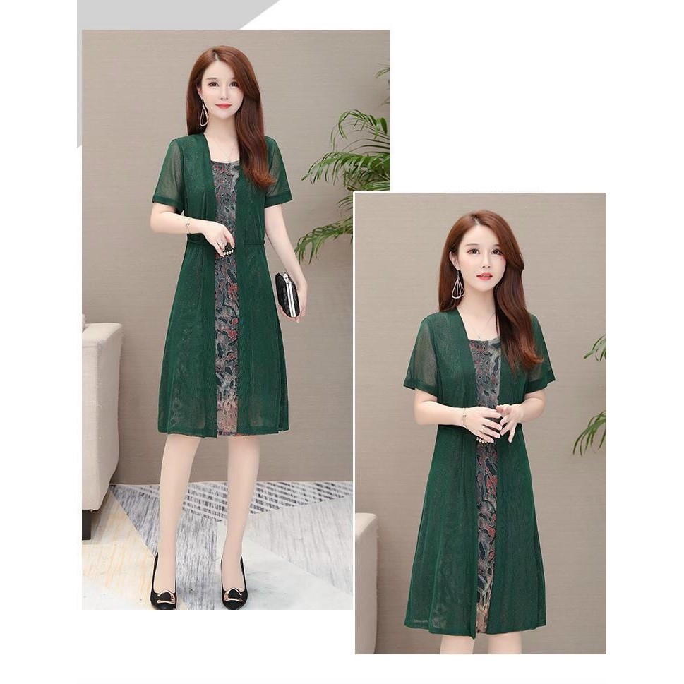 HÀNG QC - ĐẦM SUÔNG THUN KIM TUYẾN GIẢ ÁO KHOÁC XANH CAO CẤP