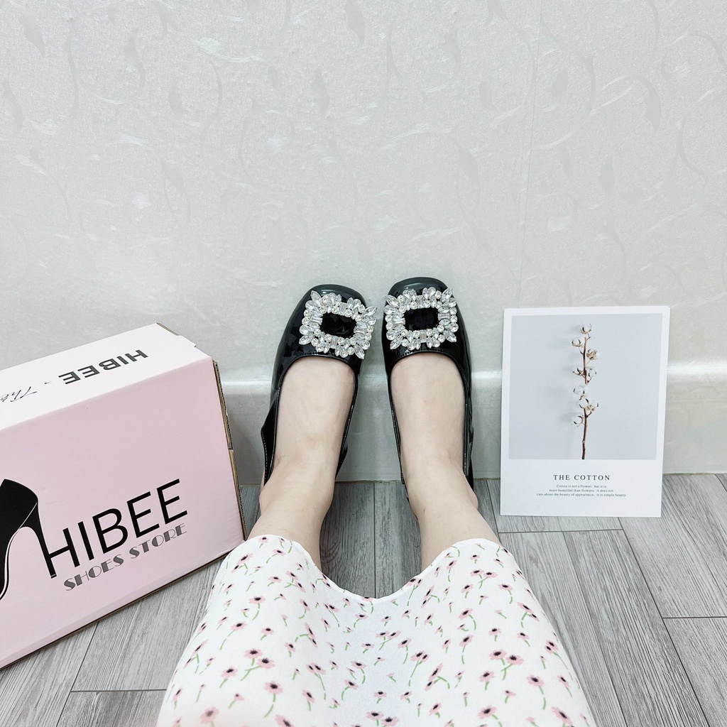 Giày sục cao gót nữ 3 phân guốc nữ mũi vuông gắn đá da mềm sang chảnh QM06