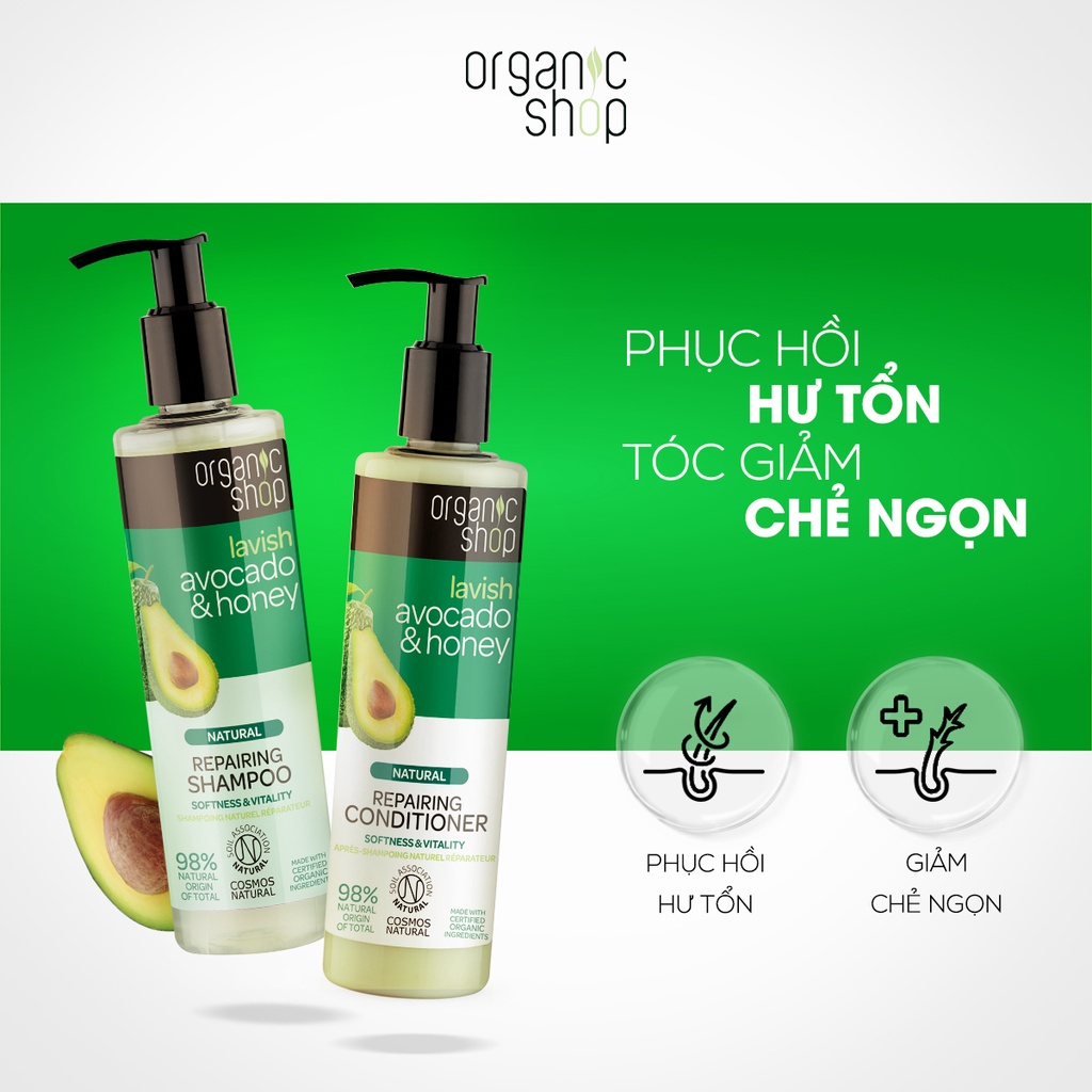 Combo Gội Xả (280mlx2) Và Kem Ủ Tóc (250ml) Phục Hồi Hư Tổn ORGANIC SHOP Bơ và Mật Ong