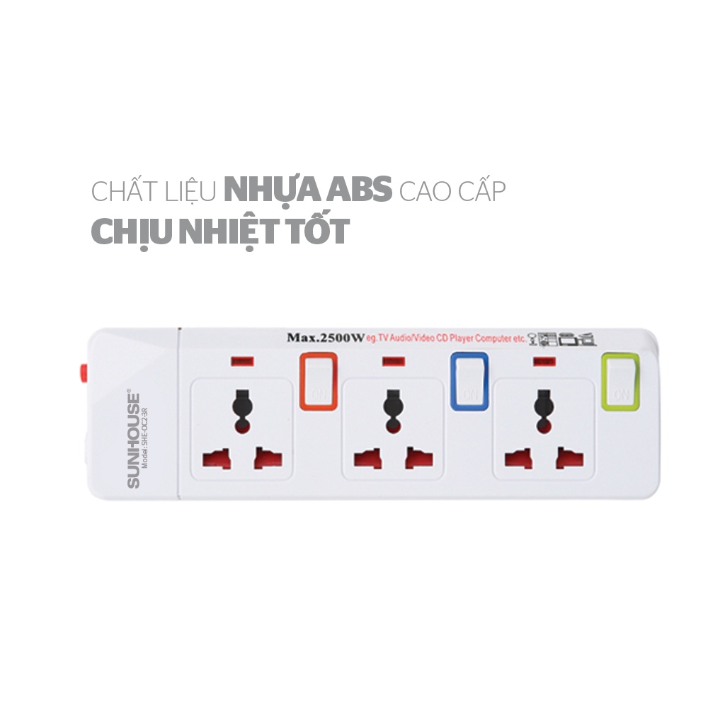 Ổ cắm điện Sunhouse SHE-OC2-3RU - 2 chấu, 3 chấu, sạc USB chính hãng