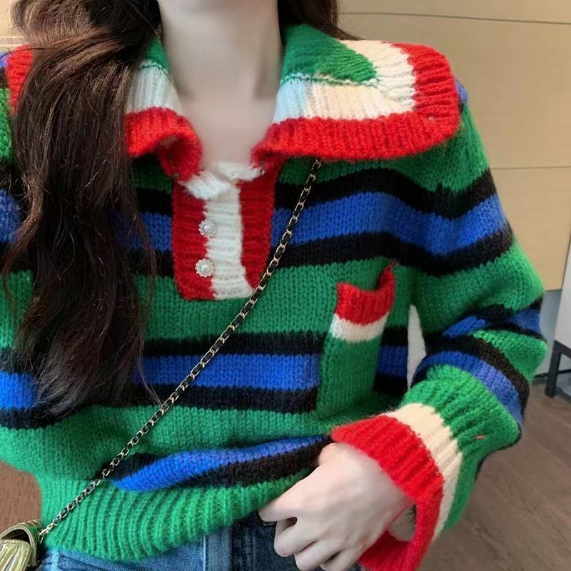 Áo Sweater Cổ Búp Bê Họa Tiết Kẻ Sọc Màu Sắc Tương Phản Thời Trang Cho Nữ  tao bao