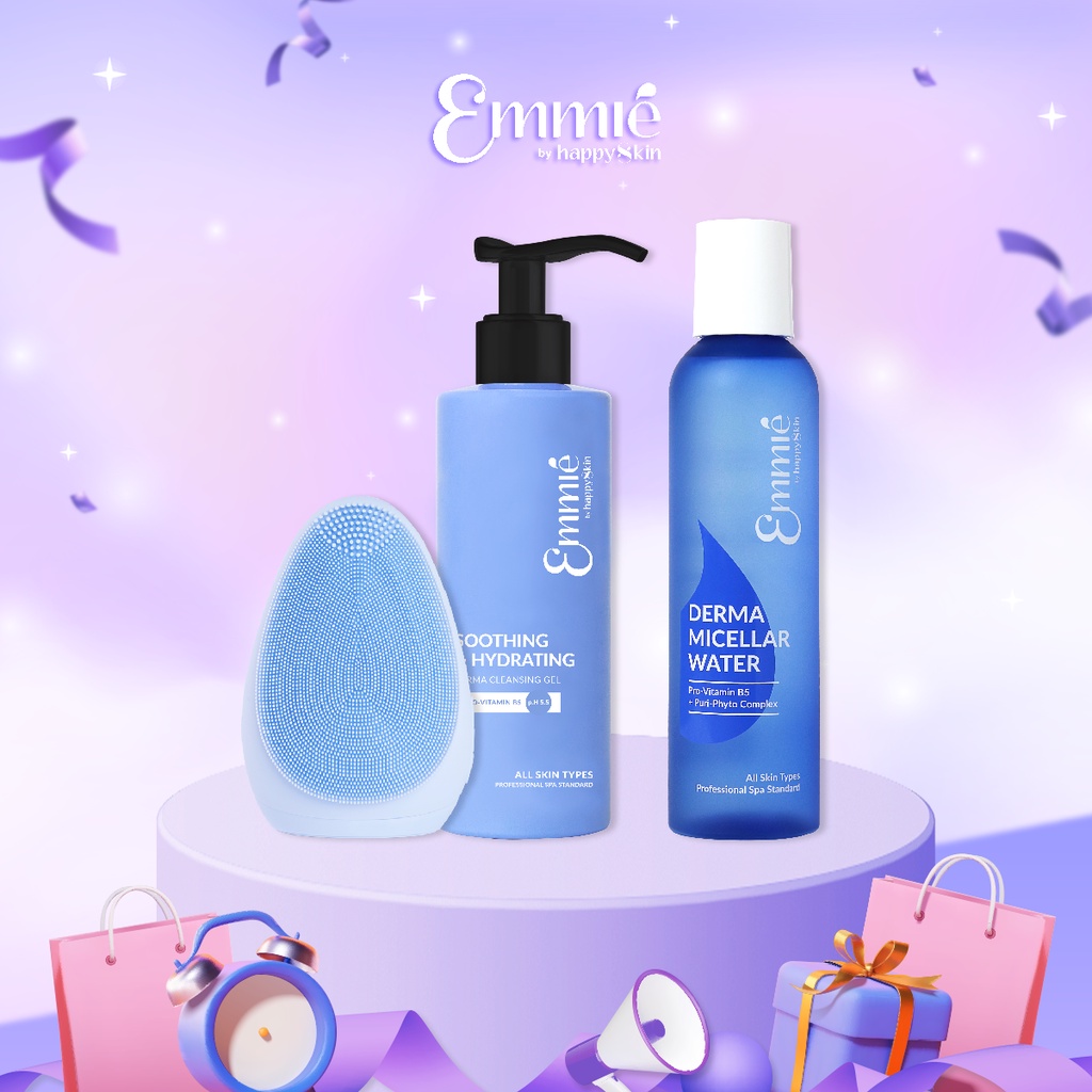 Bộ 3 làm sạch: Gel Rửa Mặt 180ml + Nước Tẩy Trang 250ml + Máy Rửa Mặt Emmié By Happy Skin