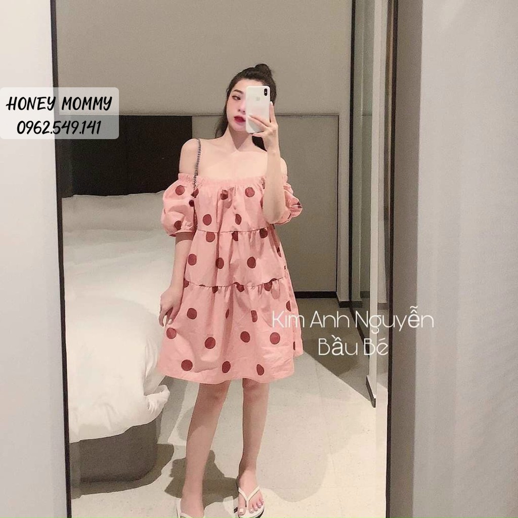 Váy Bầu Trễ Vai Tay Bồng Chấm Bi Màu Hồng Váy Bầu Hè Ngắn Tay Đi Chơi Đi Tiệc HD2819 Honey Mommy Đầm Bầu Trễ Vai