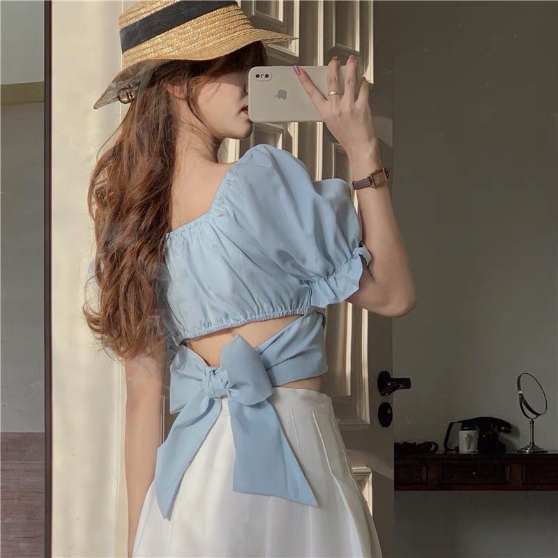 Hàng mới áo croptop thắt nơ eo tay bồng