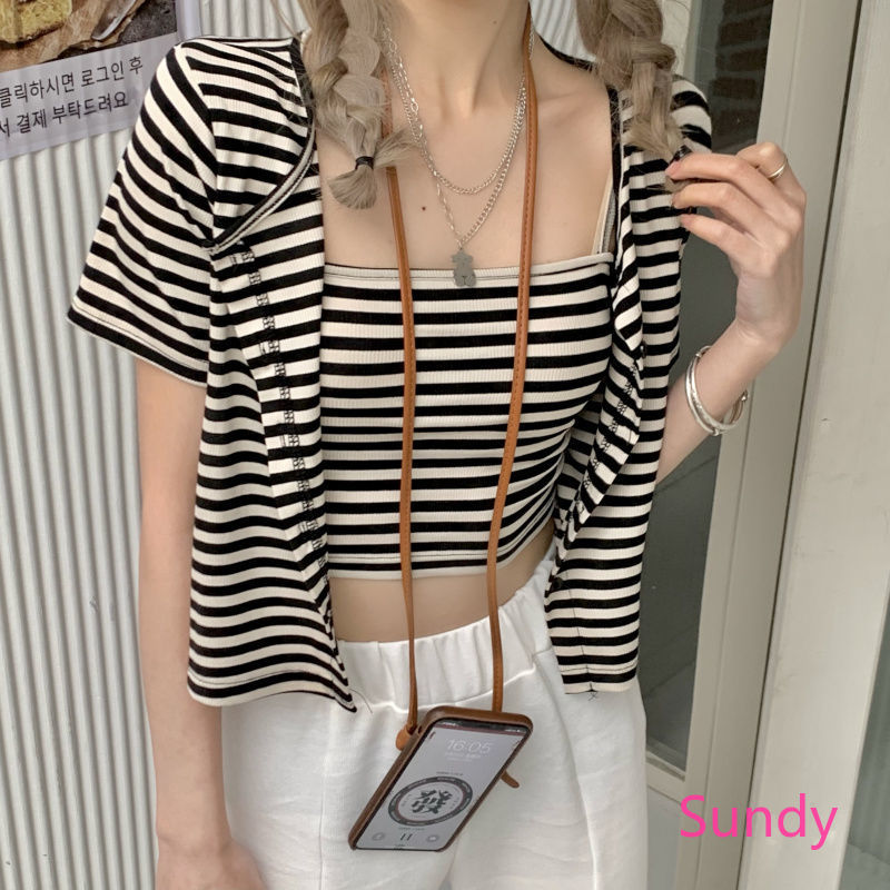 Set Áo Hai Dây + Áo Khoác Cardigan Họa Tiết Sọc Thời Trang Dành Cho Nữ