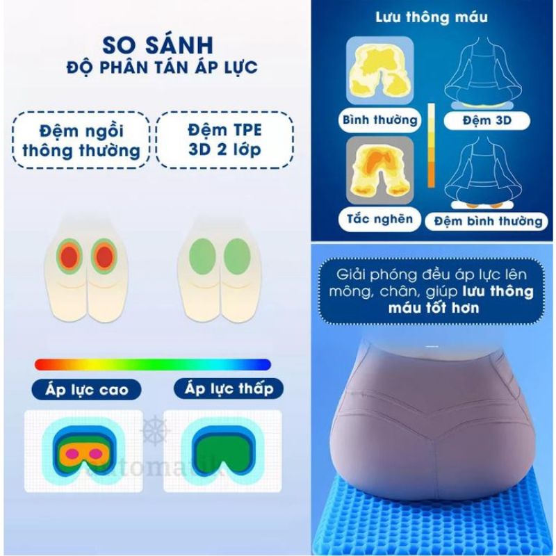Đệm ngồi silicon 3d thoáng khí tuần hoàn 2 lớp gel tổ ong chống mỏi