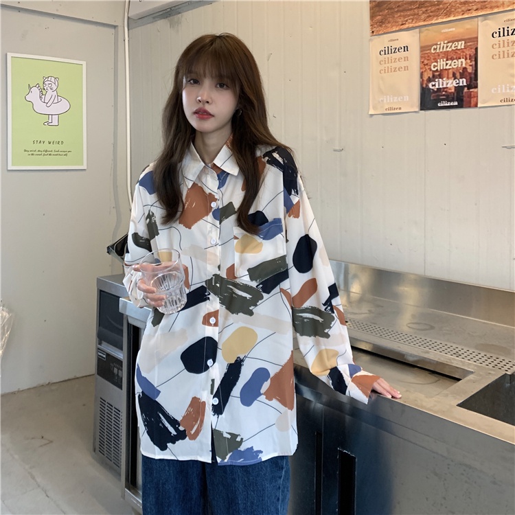 Áo Sơ Mi Dáng Rộng In Họa Tiết Đơn Giản Phong Cách Mùa Thu Mới Cho Nữ