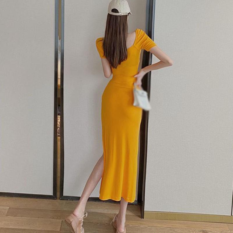 Bộ Áo Thun Dáng Ôm Cổ Chữ V + Chân Váy Xẻ Tà Quyến Rũ Phong Cách Hàn Quốc Cho Nữ