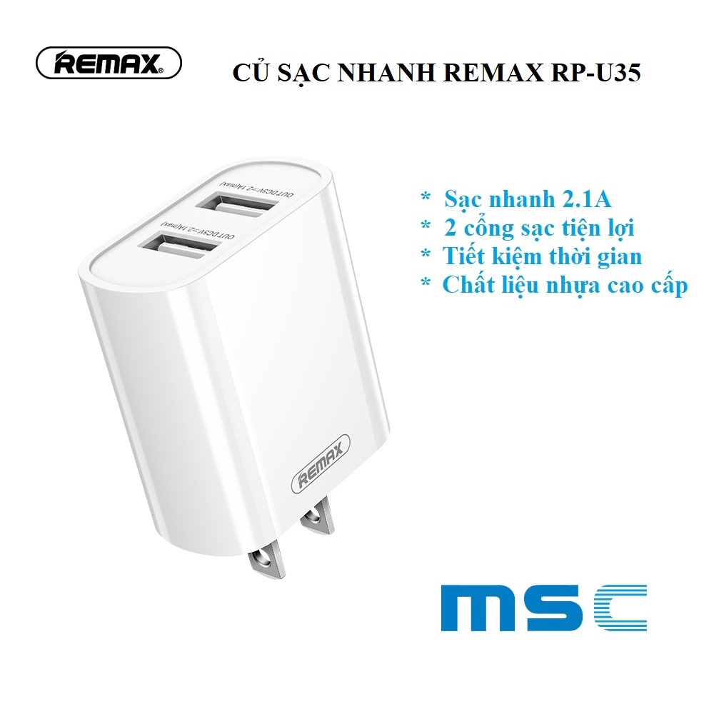 Củ sạc nhanh Remax RP-U35. Hai cổng sạc USB 2.1A