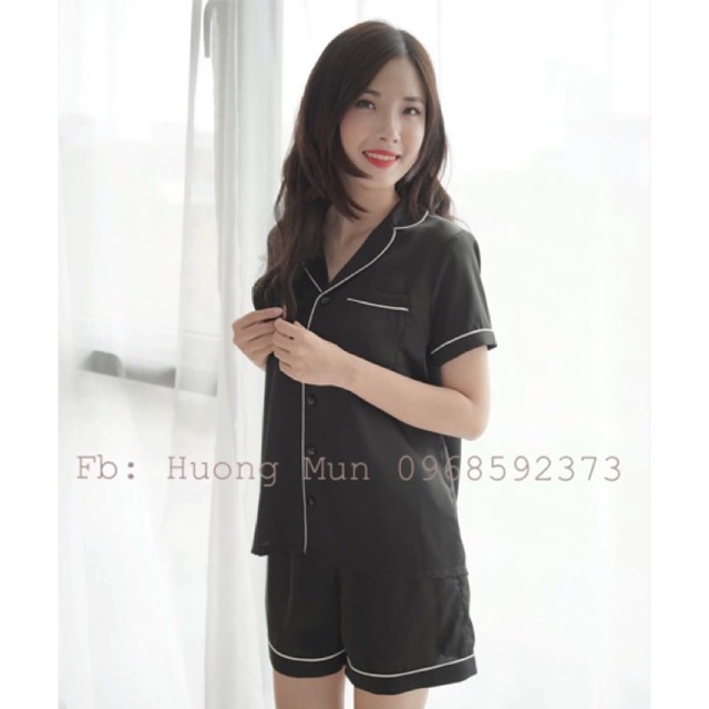 Bộ ngủ lụa cộc tay màu đen sz S