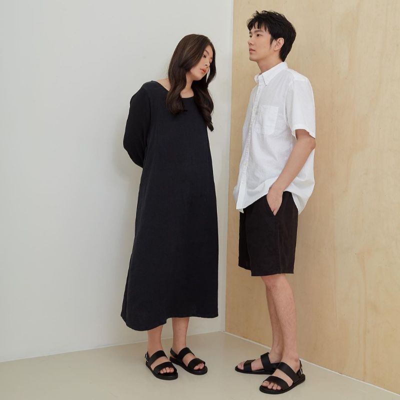 Dép sandal nam nữ da bò cao cấp quai ngang đế cao su non màu đen HORSE - QH01