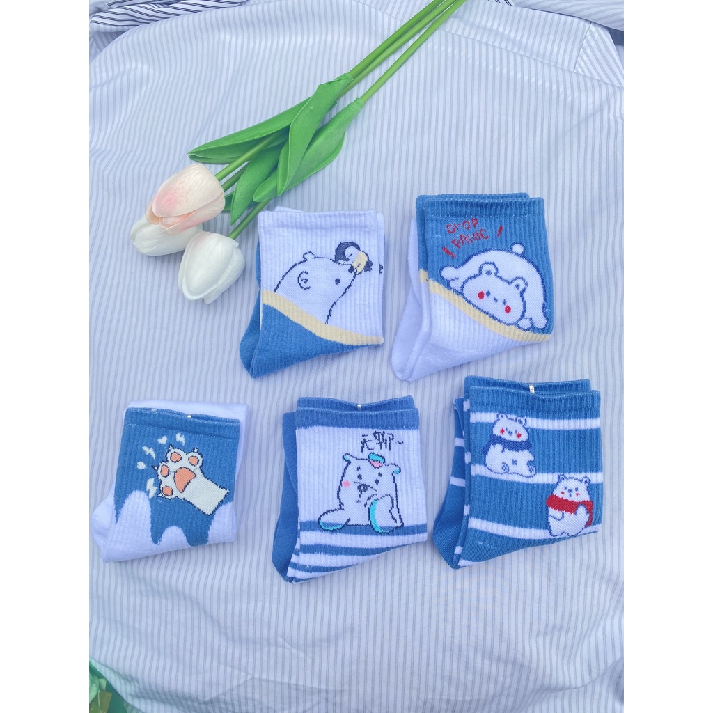 Tất trắng Muzini tất cổ cao tone xanh hoạt tiết gấu nhiều hình cute TN222