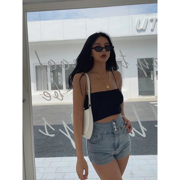 Áo Croptop 2 Dây Sợi Bún Dáng Ôm 2 Màu Đen - Trắng Chất Thun Bozip Form Nữ