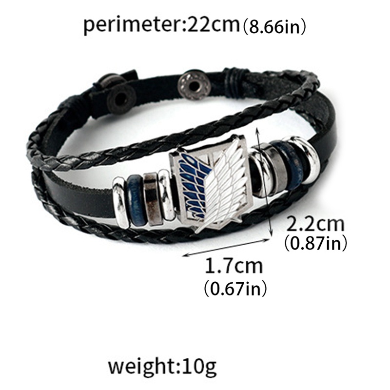 Vòng Tay Dây Da Bện Nhiều Lớp Mặt Kim Loại Khắc Hình Attack on Titan