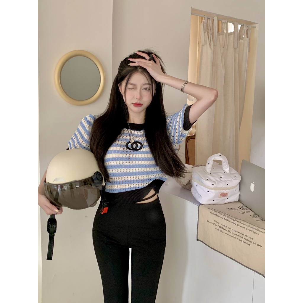 Cocory vn Áo Thun Tay Ngắn Dáng Ôm Họa Tiết Kẻ Sọc Quyến Rũ Thời Trang Mùa Hè Mới Cho Nữ