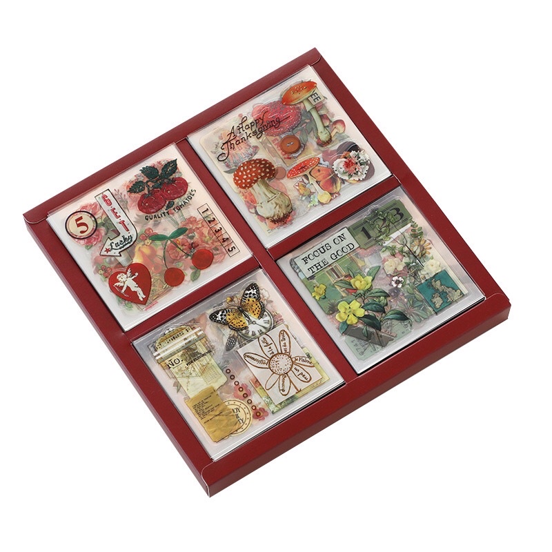 Hộp 100 tờ stickers PET PVC không trùng mẫu không thấm nước phong cách cổ điển và dễ thương