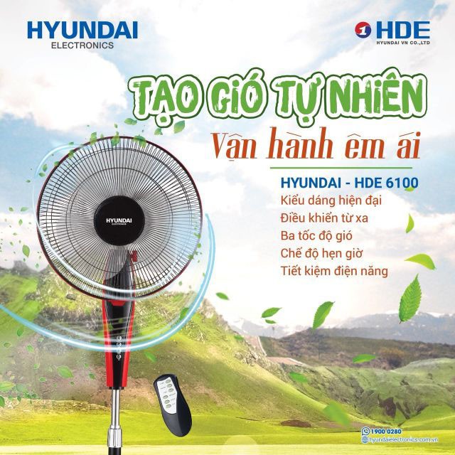 Quạt cây điều khiển từ xa Hyundai HDE 6100 hàng chính hãng, bảo hành 12 tháng được sản xuất tại Nhà máy Hyundai Việt Nam