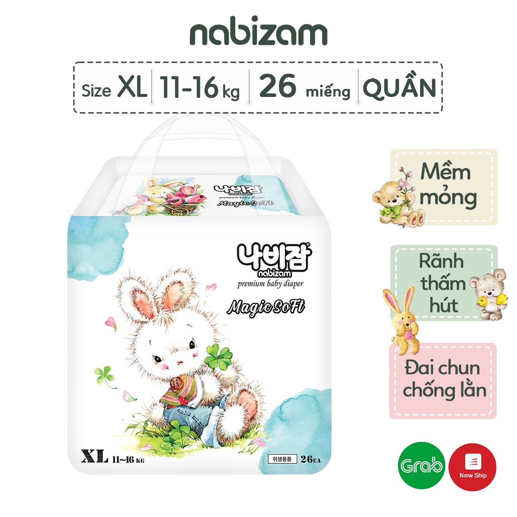 Tã/Bỉm Quần Nabizam Magic Soft Mềm Mỏng, Rãnh Chống Tràn Linh Hoạt, Thấm Hút Nhanh Size XL Cho Bé 11-16kg, 26 Miếng/Bịch