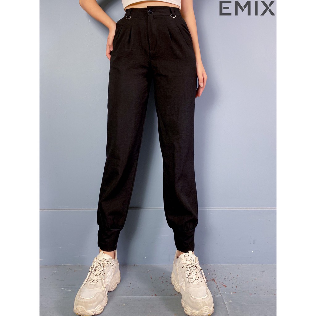 Quần jogger nữ bo gấu EMIX (màu đen), thể thao, dáng dài 90cm, chất đũi mềm mát, ít nhăn, không bai màu 911