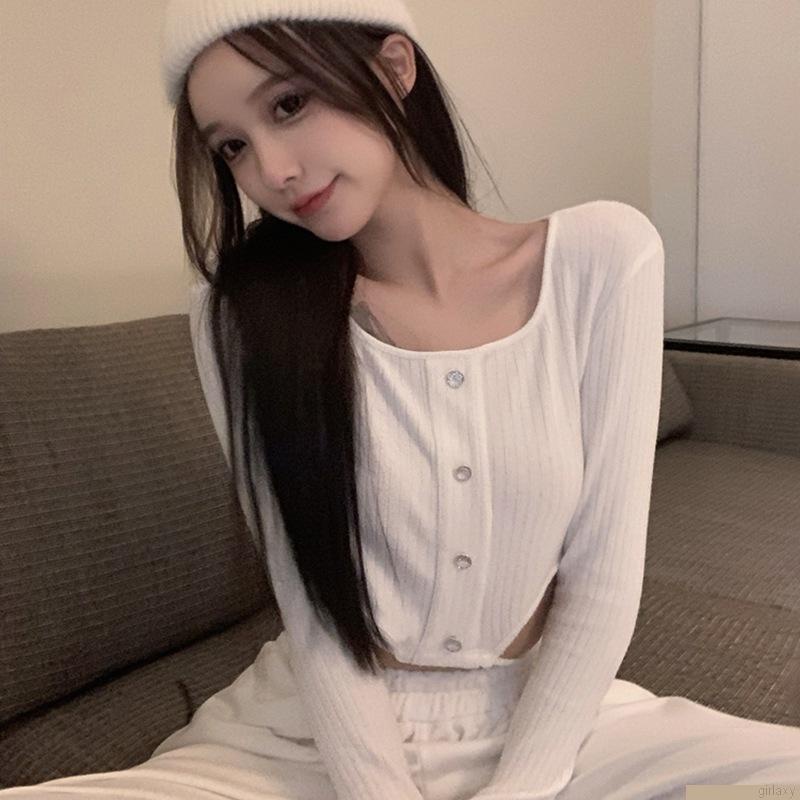 Áo crop top tay dài màu sắc trơn thiết kế gợi cảm cho nữ