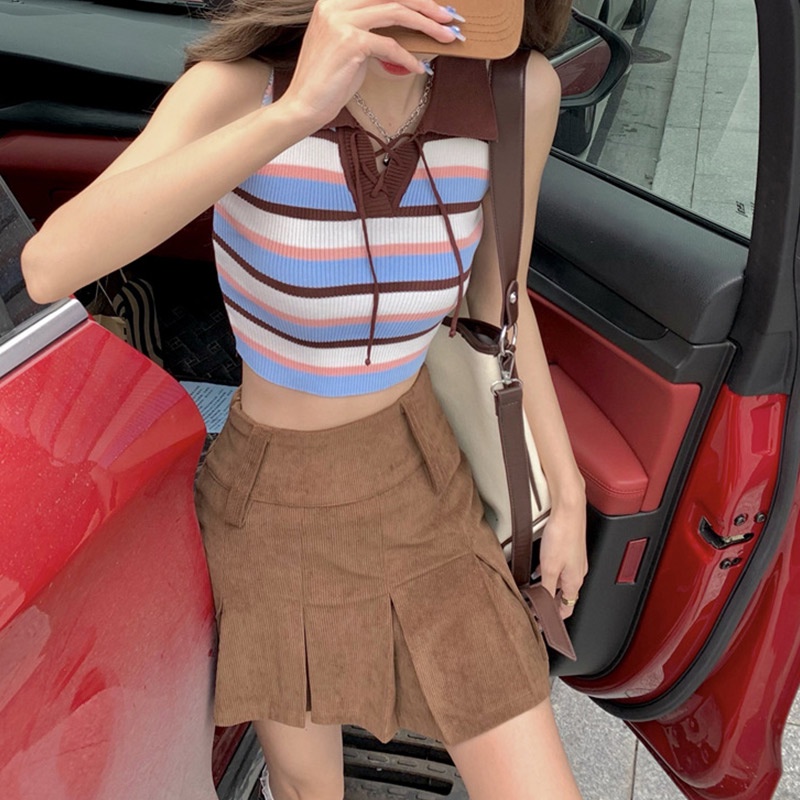 Áo Hai Dây Họa Tiết Kẻ Sọc Màu Sắc Tương Phản Phong Cách Retro Thời Trang Mùa Hè Cho Nữ