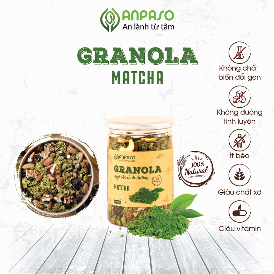 Granola Vị Matcha Siêu Hạt Anpaso Ăn Kiêng, Giảm Cân, Eat Clean bổ sung dinh dưỡng, giữ vóc dáng, tốt cho tim mạch 300g