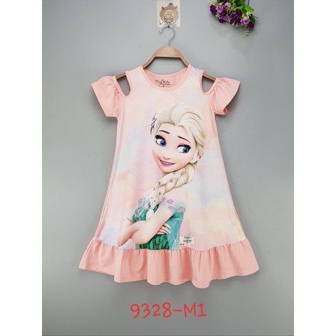 Váy bé gái, cotton,hở vai,in elsa, màu tím, hiệu Tinykids, size nhỡ 9t-14t, ri6/t6a7(c1)/t6a1(a2)/5