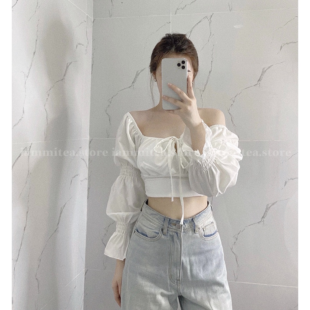Áo tiểu thư cổ vuông thắt nơ tay loe freesize
