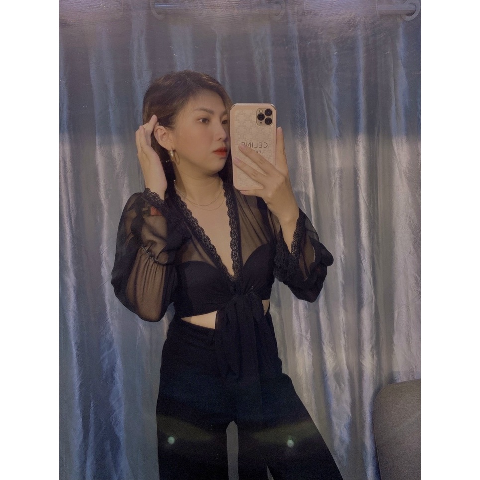Áo voan viền ren cột nơ eo cực sexy , chất voan mềm mát